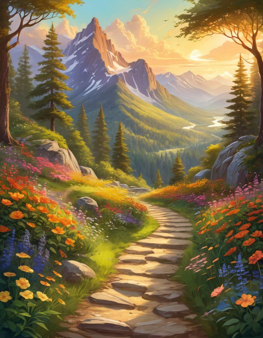 A serene landscape featuring a winding path through a lush forest, illuminated by golden sunlight filtering through the trees. Alongside the path are vibrant flowers and small whimsical creatures that symbolize joy and contentment. In the distance, majestic mountains create a sense of adventure and discovery. Soft, inviting colors enhance the sense of tranquility and warmth. digital painting. vibrant colors. warm tones.