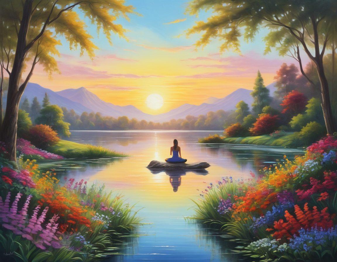 A serene landscape featuring a bright sun rising over a calm lake, surrounded by vibrant flowers and lush greenery. Include a path winding through the scene, symbolizing a journey towards happiness, with silhouettes of joyful people practicing yoga or meditation in the foreground. Add soft pastel colors to evoke a sense of bliss and cheerfulness. painting. vibrant colors. uplifting atmosphere.