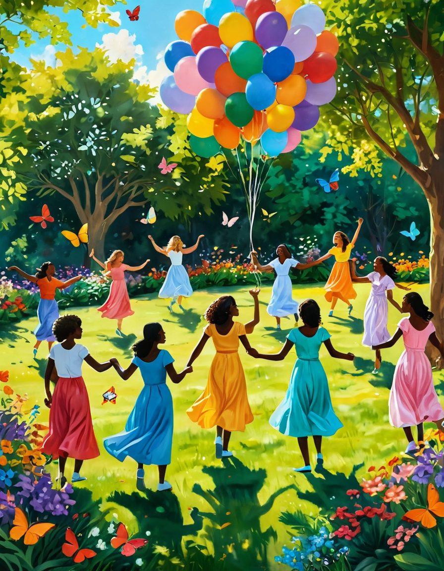 A vibrant, sunlit scene depicting a diverse group of people engaging in joyful activities such as dancing, painting, and playing in a lush green park, surrounded by colorful flowers and butterflies. Incorporate soft, warm lighting to evoke a sense of happiness and serenity. Add subtle hints of positivity, like balloons and smiles, to enhance the theme of joy in everyday life. super-realistic. vibrant colors. white background.